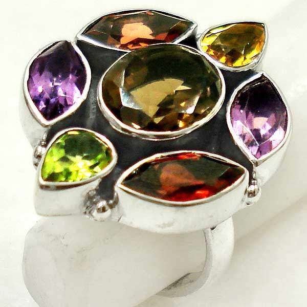 92.5 sterling silver ring - Multiple Gemston-Sz 6.5 Smokey Topaz Garnet